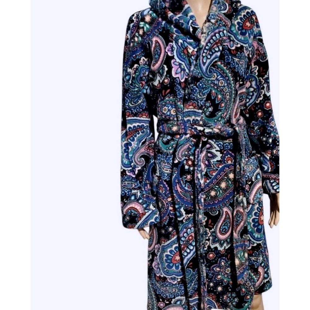 Vera‎ Bradley Robe S/M Blue Parisian Paisley Plush Cozy Hooded 2 Pockets